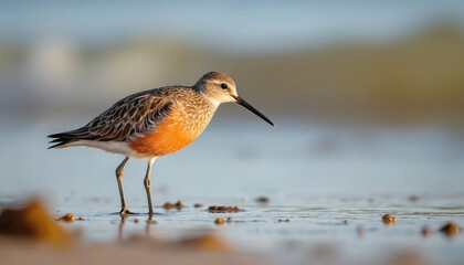Fototapeta premium Red knot bird stands on long legs in shallow water on beach with orange breast and brown feathers. Shorebird searches for food with long beak in wet sand.