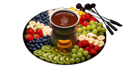 Delicious chocolate fondue with assortment of fresh fruit on transparent background