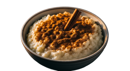Delightful creamy rice pudding with cinnamon stick on transparent background