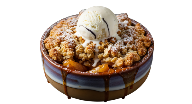 Delicious apple crisp dessert with vanilla ice cream scoop on transparent background