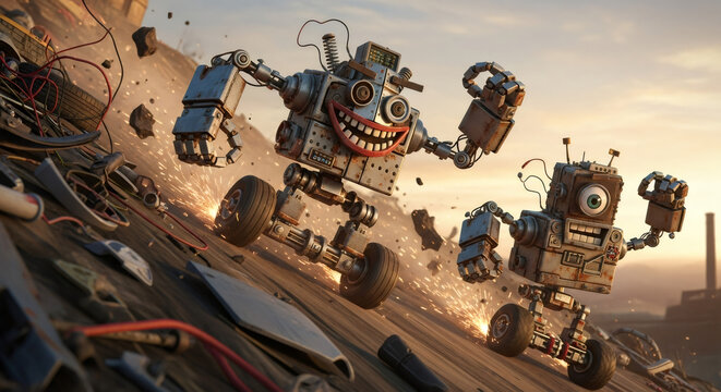 Two rusty robots racing down a junkyard hill in a playful and energetic scene. Futuristic concept illustration for technology and animation.