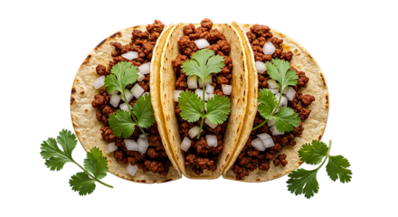 Exquisite close-up of three delectable tacos with classic fillings on transparent background