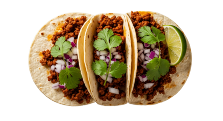 Three delicious beef tacos with cilantro and lime on transparent background