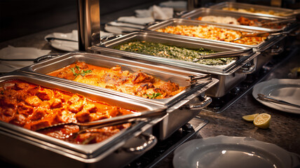 ホテルのビュッフェでバターチキンとビリヤニなどのインド料理を提供する様子を撮影、人物なし