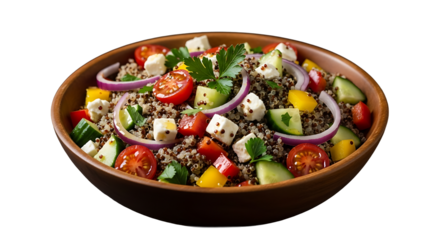 Fresh quinoa salad with vibrant vegetables in wooden bowl on transparent background