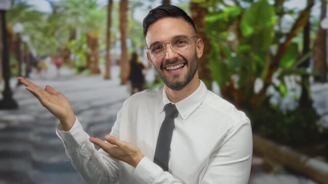 Hispanic young man in city street outdoors extends hands smiling against blurred urban backdrop with palm trees wearing glasses and formal white shirt.