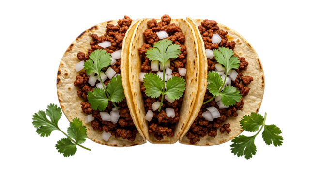 Exquisite close-up of three delectable tacos with classic fillings on transparent background