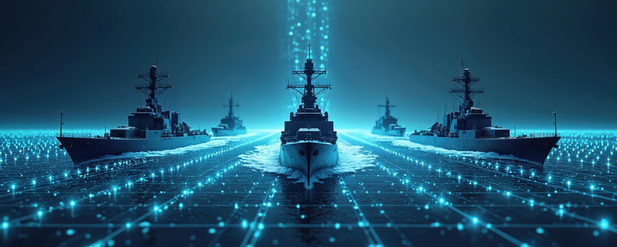 Navy warships sail on ocean with digital network backdrop. Futuristic military ships move via water in connected system. Naval fleet on sea with grid and data transfer illustration.