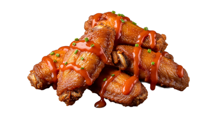 Mouthwatering chicken wings drenched in spicy red sauce on transparent background