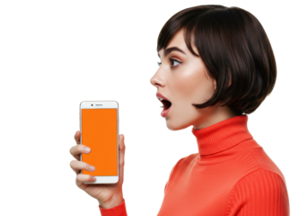 Surprised woman with open mouth holding smartphone with orange screen isolated PNG, amazed expression for mobile app promotion