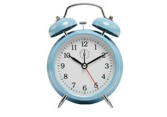 Light blue alarm clock PNG isolated on transparent background, retro style twin bell clock for time management and waking up early