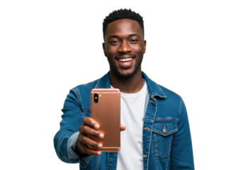 Smiling African American man holding up a rose gold smartphone isolated PNG, showcasing mobile technology for communication and modern lifestyle