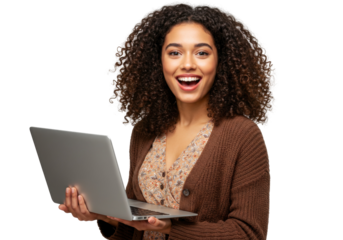 Excited young woman with curly hair holding laptop isolated PNG, happy female student with computer on transparent background