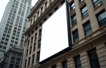 Fototapeta premium Large blank vertical billboard mounted on classic urban building facade. Tall modern skyscraper stands behind under grey overcast sky. Empty advertising sign mock-up awaits new promotional message in