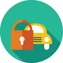 Yellow car protected by a large orange padlock icon with a teal circular background and long shadows representing security and safety