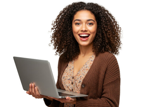 Excited young woman with curly hair holding laptop isolated PNG, happy female student with computer on transparent background