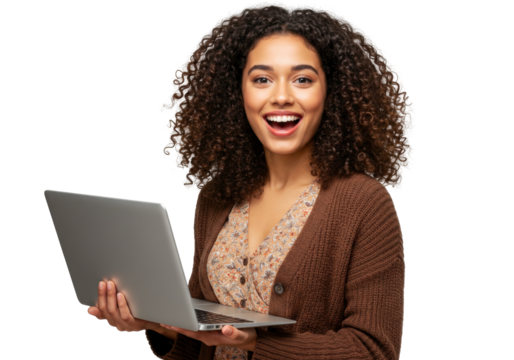 Excited young woman with curly hair holding laptop isolated PNG, happy female student with computer on transparent background