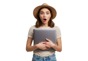 Surprised young woman with laptop isolated PNG on transparent background, wearing hat and striped shirt, looking shocked and amazed