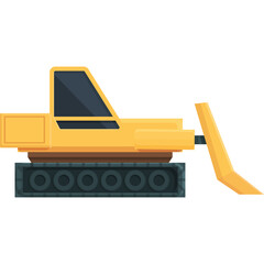 Yellow bulldozer construction machine vehicle with black treads and flat blade in flat design style on a transparent background
