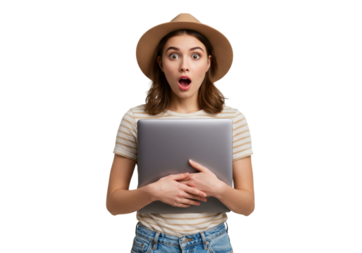Surprised young woman with laptop isolated PNG on transparent background, wearing hat and striped shirt, looking shocked and amazed - Powered by Adobe