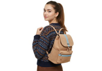 Stylish woman with tan backpack isolated PNG, fashion model with casual bag on transparent background for lifestyle and travel use