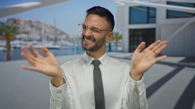 Young man smiling joyfully by the seaside promenade, wearing glasses and a tie with modern architectural background and marina.