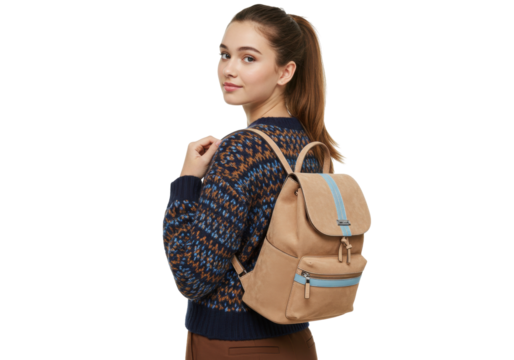 Stylish woman with tan backpack isolated PNG, fashion model with casual bag on transparent background for lifestyle and travel use - Powered by Adobe