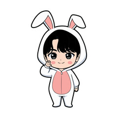 Cute chibi boy in a white bunny onesie with pink belly and long ears. Black short hair, big eyes, blushing cheeks, waving right hand, white background.