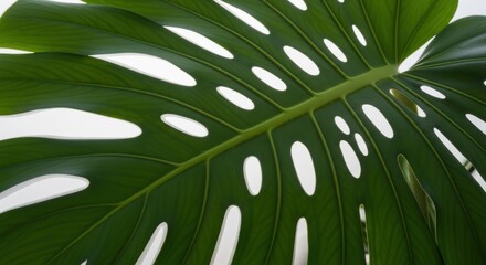 Close-up of green monstera leaf with distinctive holes and veins