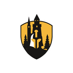 Fototapeta premium Medieval castle illustration with spartan helmet and trees