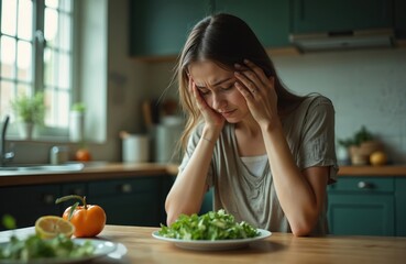 Young woman looks sad at plate of green salad at kitchen table. Frustrated female struggles with strict low calorie diet. Healthy eating causes despair, weight loss challenge.