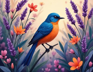 Fototapeta premium Colorful blue orange bird perches on branch. Purple lavender flowers, vibrant blossoms surround. Green leaves frame scene. Nature illustration shows avian in serene garden. Pretty bird. Floral design