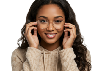 Smiling young woman with glasses isolated PNG on transparent background, portrait of a beautiful girl wearing a beige hoodie and round eyeglasses