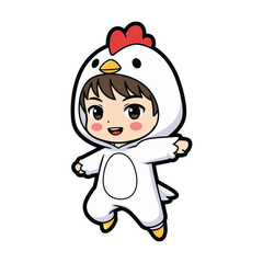 Cute cartoon child wearing a white chicken costume with orange beak, red comb, and yellow shoes, smiling happily while jumping or dancing joyfully.