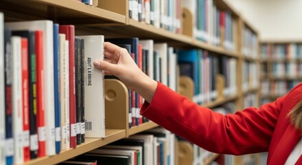 Female selecting book from library shelf in red jacket