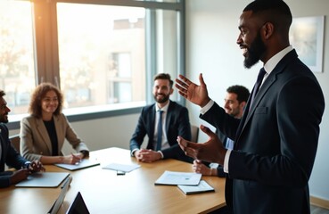 Obraz premium Black businessman leads discussion at conference table. Diverse business team listens during presentation. Exec gives sales talk in board room at office. Team members work together at meeting.