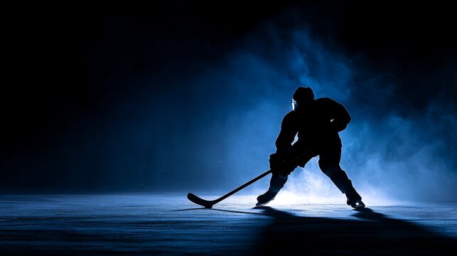 Silhouette of ice hockey player in action under dramatic lighting
