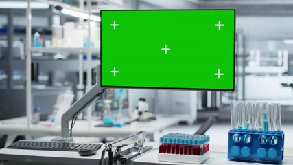 Green screen in empty laboratory showcasing modern setting of medical research, ready for study and testing in pharmacology. Immunology and biotechnology focused on prevention and development. - Powered by Adobe