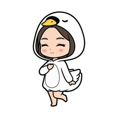 Fototapeta premium Chibi anime-style character with short dark brown hair, closed eyes, and blush cheeks wearing a white swan costume, smiling and posing gracefully.