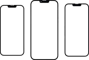 Three Outline Silhouettes of Modern Smartphones on White Background mobile phone cell phone