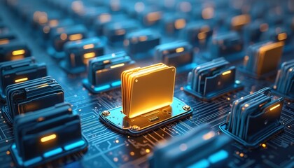 Digital folders arranged on futuristic tech circuit board. One glowing gold folder stands out, important data secure files. Image shows cloud storage, online database concepts, data protection,