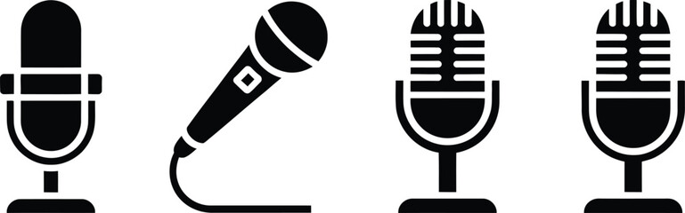 Collection of Four Black Microphone Icons with Different Designs on White Background 