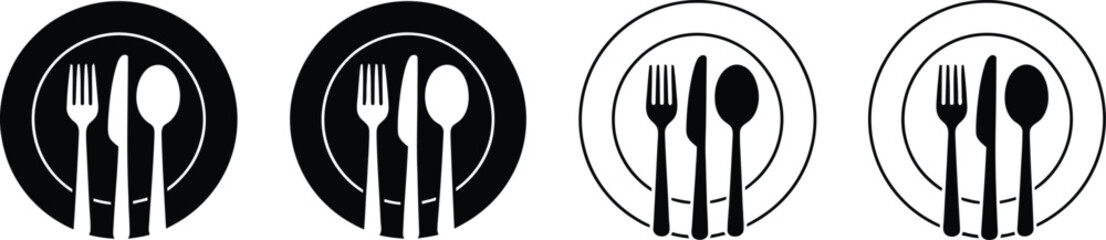 Four Icons of Dinnerware with Cutlery on Plates in Black and White fork knife