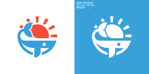 Sun whale logo. Fish, ocean, sunset. Vector design template.
