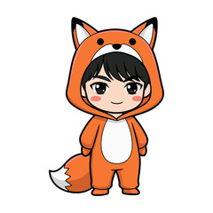 Smiling chibi boy with black hair and brown eyes wearing an orange fox onesie with white belly, black-tipped ears, and white-tipped tail on white background.