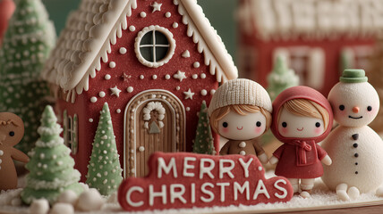 赤い紙地の上で粘土の家と文字を整えた手づくり感のクリスマス情景