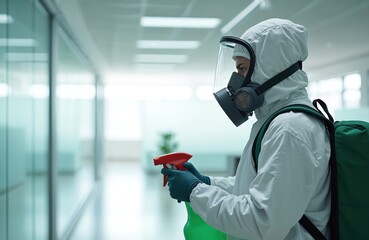 Person in white hazmat suit sprays disinfectant in office. Man in protective gear cleans workspace. Office worker prevents COVID-19 virus spread. Cleaning staff in hazmat suit uses disinfectant spray.