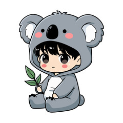 Cute cartoon child with black hair in a gray and white koala costume, sitting and holding a green twig with leaves, sweet and adorable style.