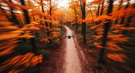 Drone flying through autumn forest path with vibrant orange foliage