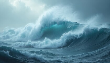 Obraz premium Huge stormy ocean waves crash with immense power. Dark sea water forms massive swells, cresting white foam. Rough weather and strong wind show nature wild, dangerous force, creating an epic seascape.